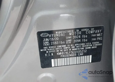 2020 Hyundai Elantra Se z USA, uszkodzony, nr VIN KMHD74LF5LU105212